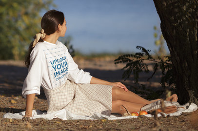 Sweatshirt Mockup of a Woman at a Picnic by a Lake