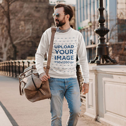 Sweatshirt Mockup of a Bearded Man Walking Through a City with a Bag