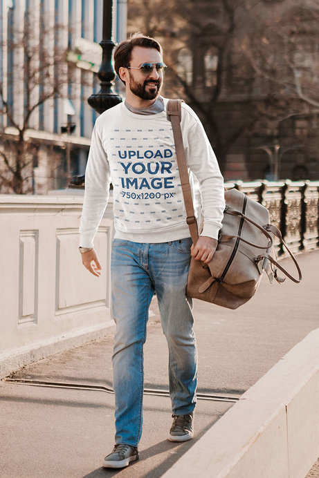 Sweatshirt Mockup Featuring a Man With Sunglasses Walking 