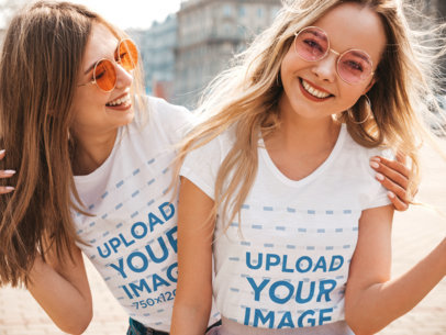 T-Shirt Mockup of a Young Woman Hugging Her Bestie
