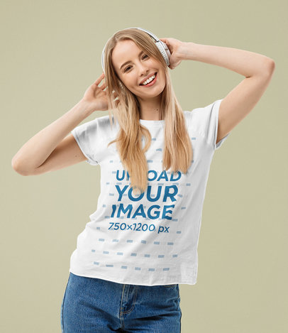 T-Shirt Mockup of a Happy Young Woman Listening to Music at a Studio