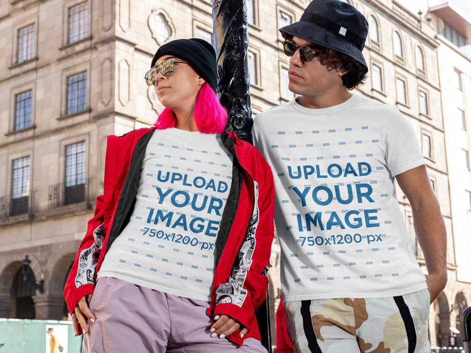 T-Shirt Mockup of a Man and a Woman Posing in a City