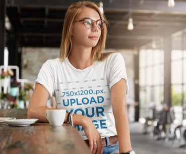 T-Shirt Mockup of a Young Woman at a Coffee Shop m3199-r-el2