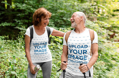 T-Shirt Mockup Featuring a Happy Couple of Seniors on a Hike