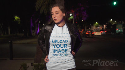 T-Shirt Video Generator Featuring a Young Woman Posing At the Street at Night 