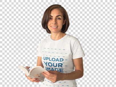 Middle Aged Woman Reading a Book and Wearing a Round Neck T-Shirt Mockup While Against a Solid Surface