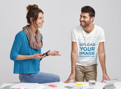 T-Shirt Mockup of a Woman and a Man Talking