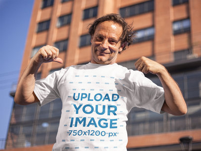 Happy Middle Aged Man Wearing a Tshirt Template While at the City