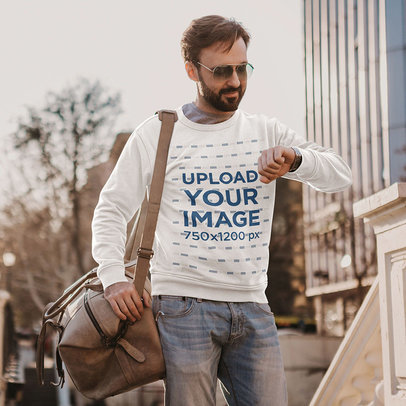 Sweatshirt Mockup Featuring a Man with Sunglasses Checking the Time on His Watch