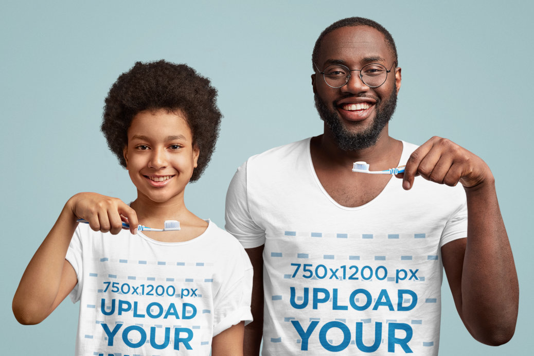 Scoop-Neck T-Shirt Mockup Featuring a Man and His Teen Brother Brushing Their Teeth