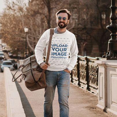 Sweatshirt Mockup of a Bearded Man Walking on a Sidewalk