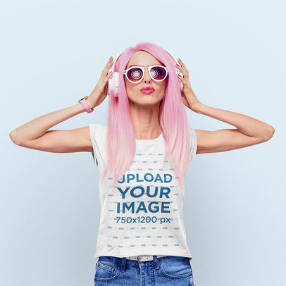 T-Shirt Mockup Featuring a Woman Wearing a Pink Wig
