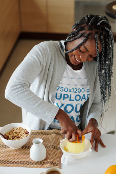 T-Shirt Mockup of a Woman Making Herself a Healthy Breakfast