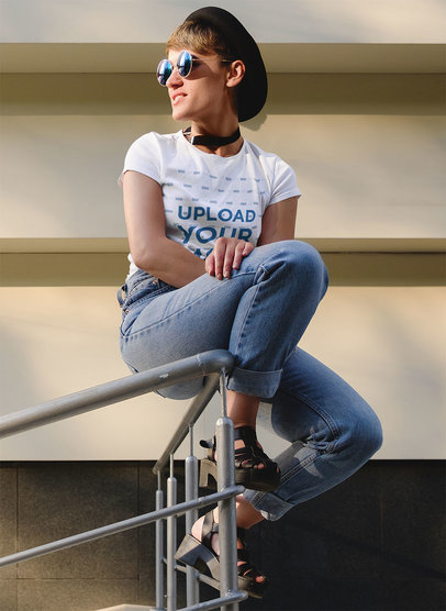 T-Shirt Mockup of a Woman with Circular Sunglasses