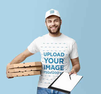 T-Shirt and Dad Hat Mockup of a Delivery Man with Boxes and a Clipboard