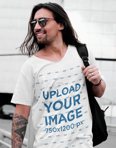 V-Neck Tee Mockup of a Tattooed Long-Haired Man Wearing Sunglasses