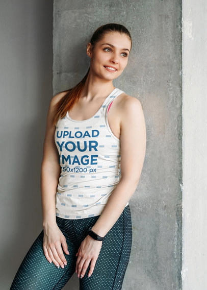 Sublimated Tank Top Mockup Featuring a Woman Leaning Against a Concrete Column m3440-r-el2