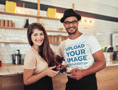 T-Shirt Mockup of a Barista Wearing Glasses and a Fedora