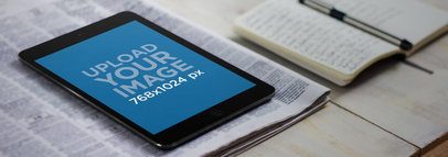 Mockup of an iPad Mini Placed Over a Newspaper