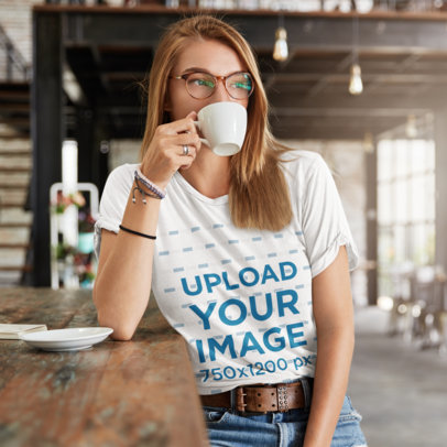 T-Shirt Mockup Featuring a Woman Drinking Coffee m3166-r-el2