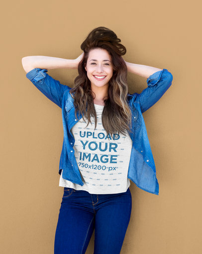 T-Shirt Mockup of a Happy Woman Wearing Denim