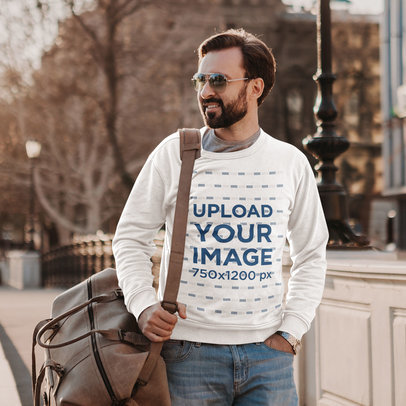 Mockup Featuring a Bearded Man Wearing a Customizable Sweatshirt in the City