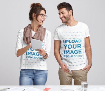 Three-Quarter Sleeve Tee and T-Shirt Mockup of a Woman and a Man Checking a Tablet