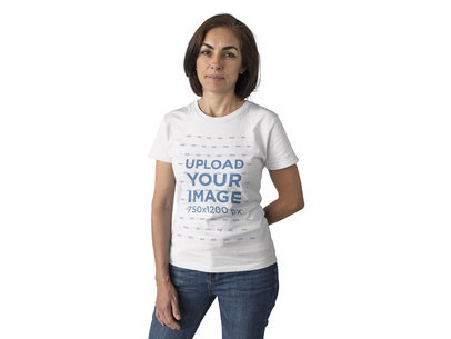 Middle Aged Woman Wearing a Round Neck T-Shirt Template While Against a Solid Background