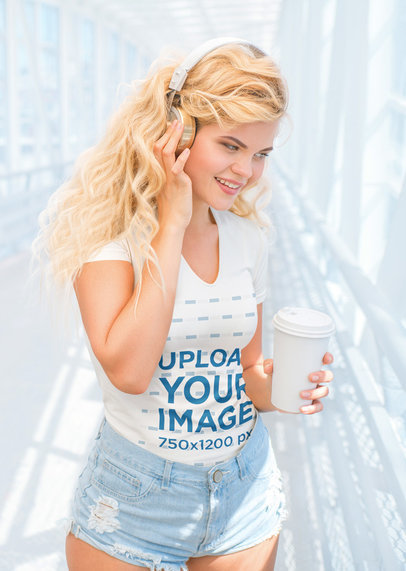 V-Neck Tee Mockup Featuring a Woman with Headphones Listening to Music