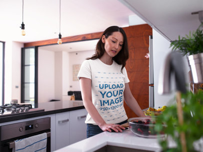 Woman Doing Breakfast While Wearing a T-Shirt Mockup