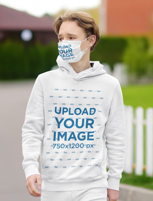 Hoodie Mockup of a Teenager Wearing a Face Mask