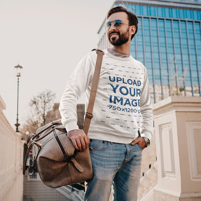 Crewneck Sweatshirt Mockup Featuring a Bearded Man With Sunglasses in the City 