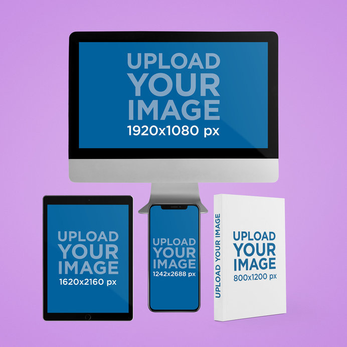 Mockup Featuring an iMac, an iPad, an iPhone 11, and a Book