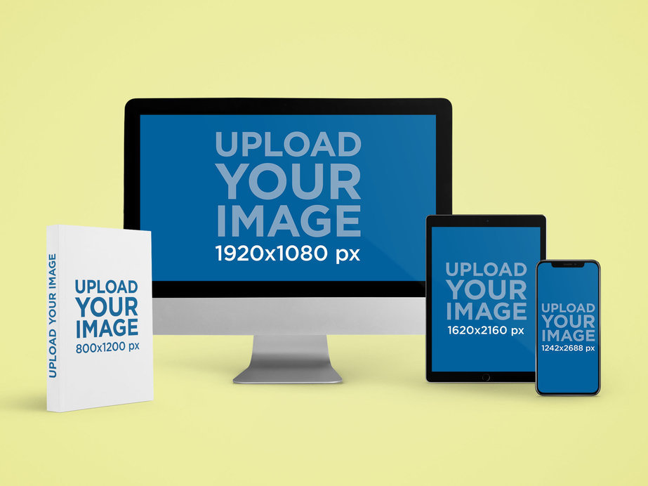 Book, iMac, iPad, and iPhone 11 Mockup Featuring a Plain Background