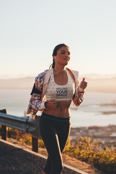Sports Bra Mockup Featuring a Woman Running by the Beach
