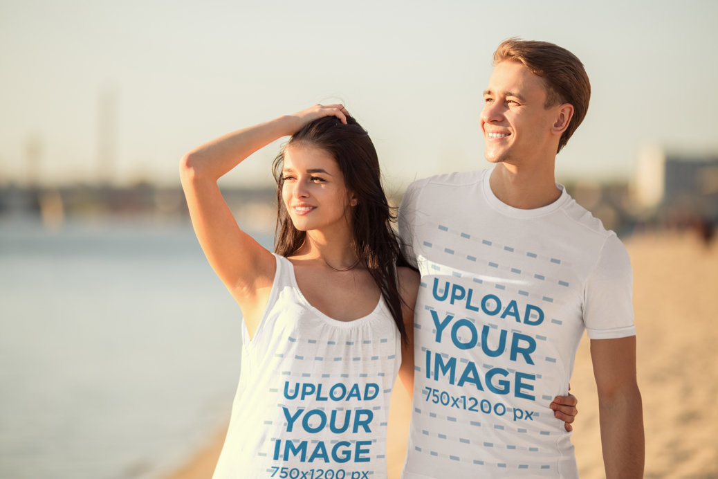 T-Shirt and Tank Top Mockup of a Couple Looking at the Sunset