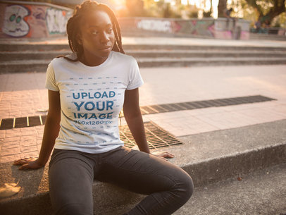 Young Woman with Locs Sitting Down Near a Skate Park While Wearing a Round Neck Tee Template