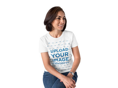 Woman Sitting in a Studio Wearing a Round Neck Tee Template