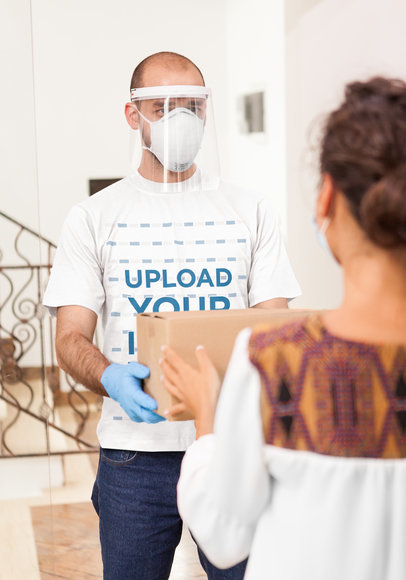 T-Shirt Mockup Featuring a Delivery Man Handing out a Box 44186-r-el2