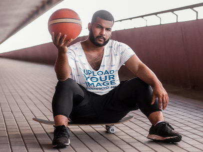 V-Neck T-Shirt Mockup Featuring a Street Basketball Player