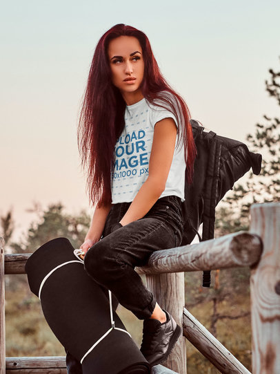T-Shirt Mockup of a Red-Haired Woman in a Rustic Scenario 43453-r-el2