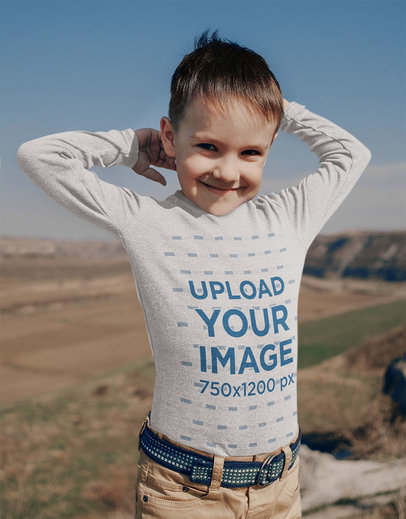 Heather Long Sleeve Tee Mockup of a Kid Raising His Arms