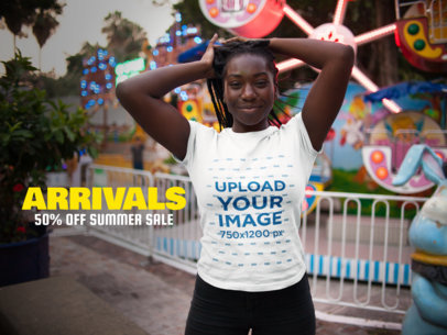 Facebook Ad - Happy Woman with Locs Wearing T-Shirt Mockup Near a Carousel