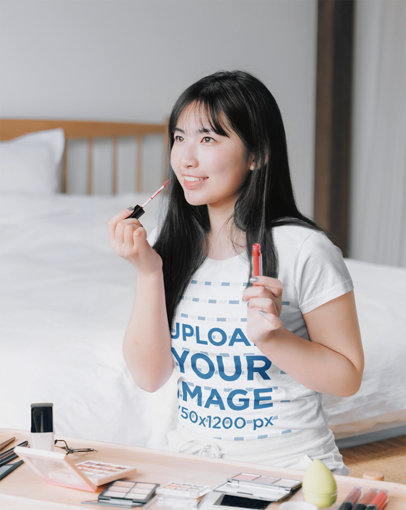 T-Shirt Mockup of a Young Woman Wearing Lip Gloss