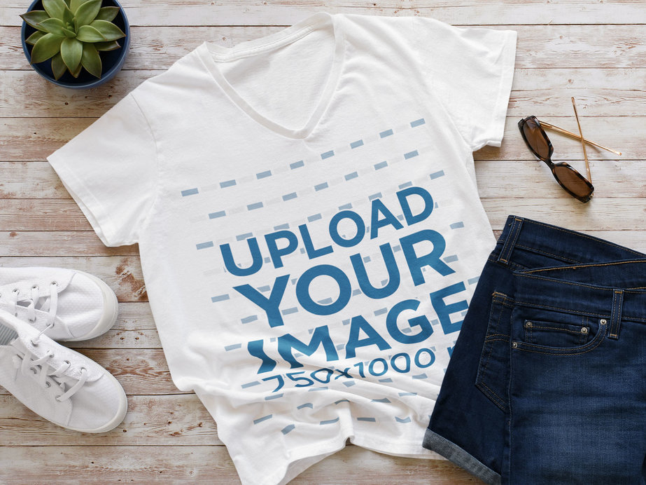 V-Neck T-Shirt Mockup Featuring a Casual Women's Outfit