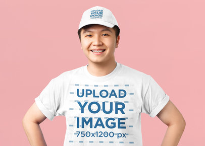 Studio Mockup of a Happy Young Man Wearing a T-Shirt and a Dad Hat