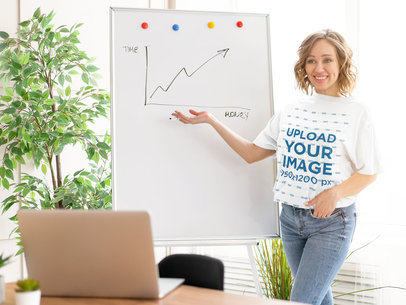 Unisex T-Shirt Mockup Featuring a Short-Haired Woman in an Online Meeting m5762-r-el2