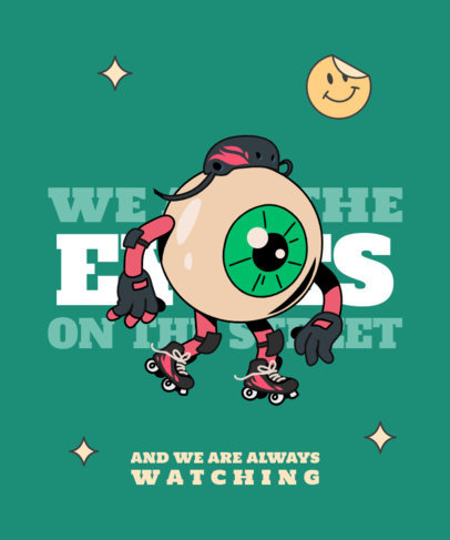 Roller Skating-Themed T-Shirt Design Template Featuring an Eyeball Cartoon