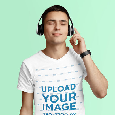 V-Neck Tee Mockup Featuring a Man with Headphones Listening to Music with His Eyes Closed m6832-r-el2