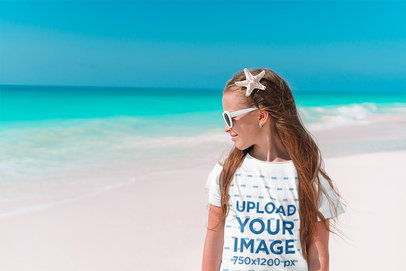 T-Shirt Mockup of a Long-Haired Girl at the Beach